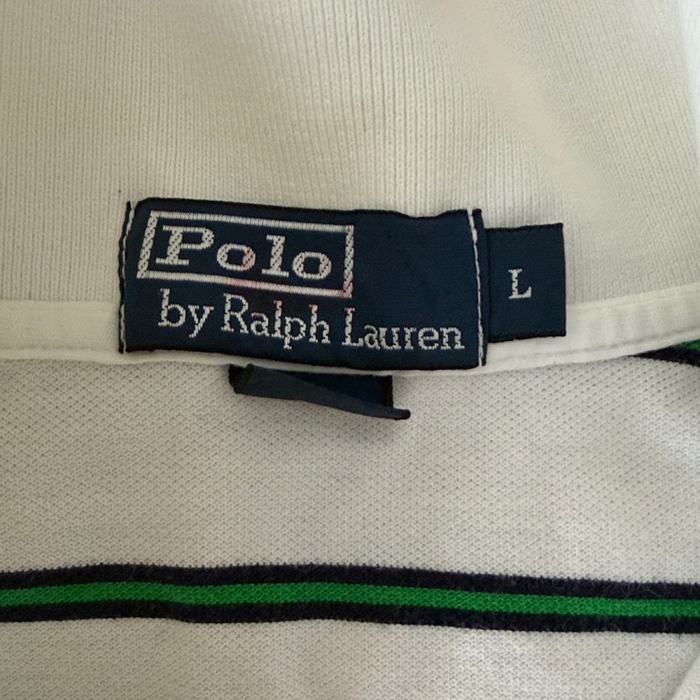 Polo Ralph Lauren White Green Stripe Polo Shirt Men’s Large Classic Fit - Picture 2 of 7